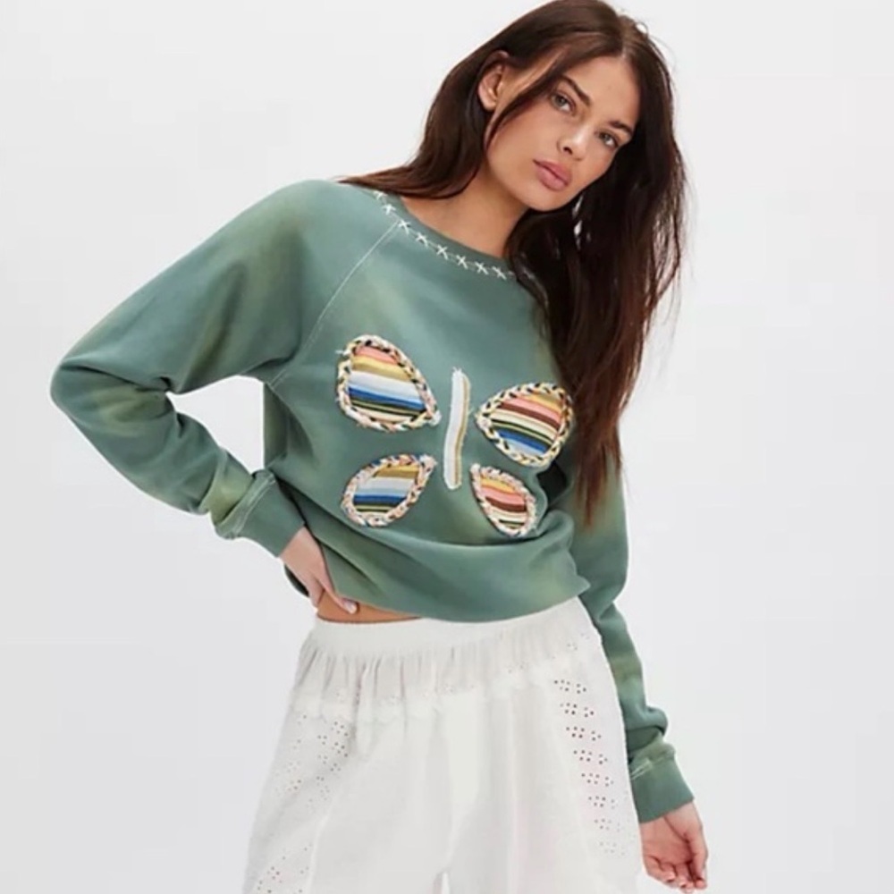 Free People Butterfly 🦋 Sweatshirt Size Medium Duck Green Combo NWT